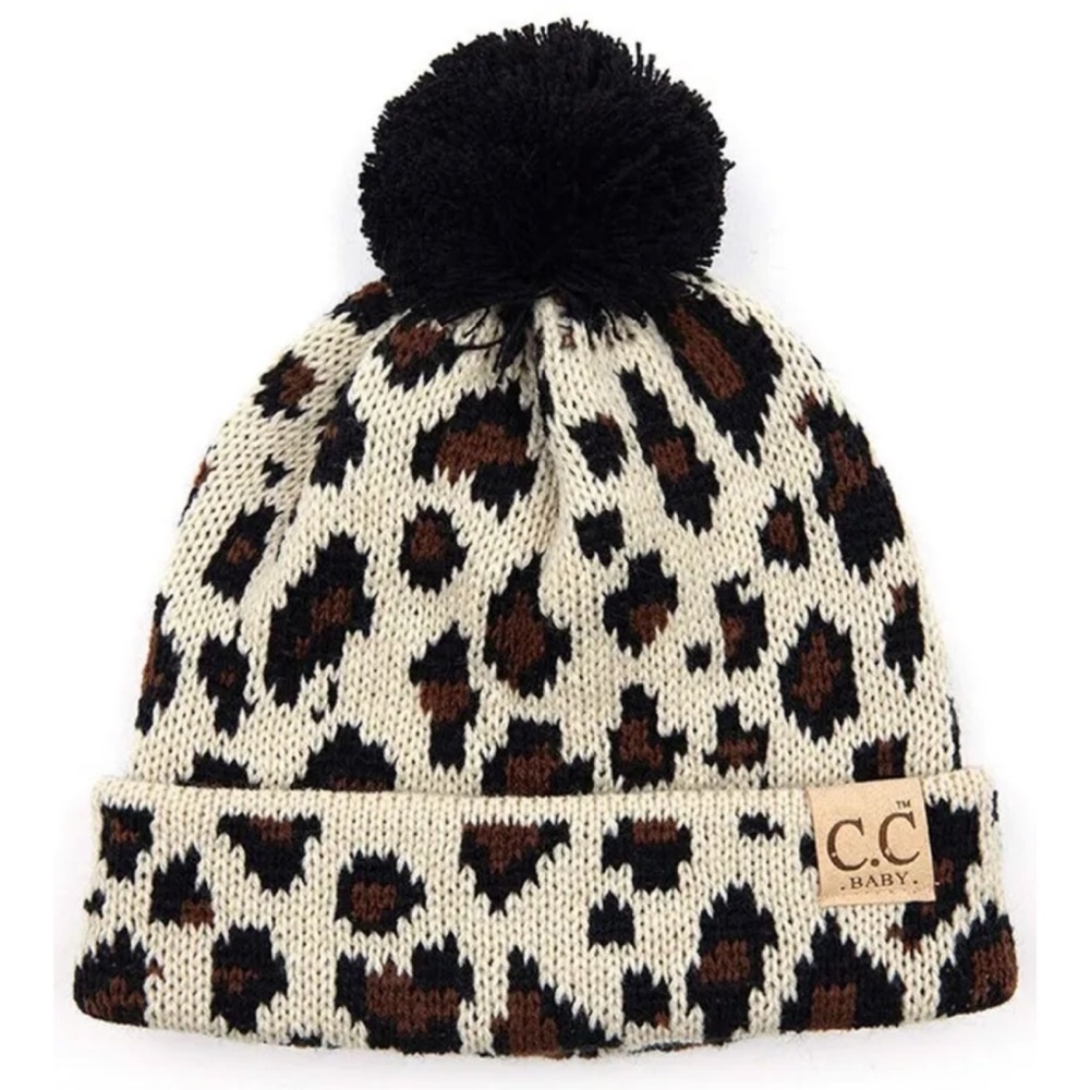 C.C Baby Infant brown leopard Leopard Knit Warm Soft Pom Beanie Hat